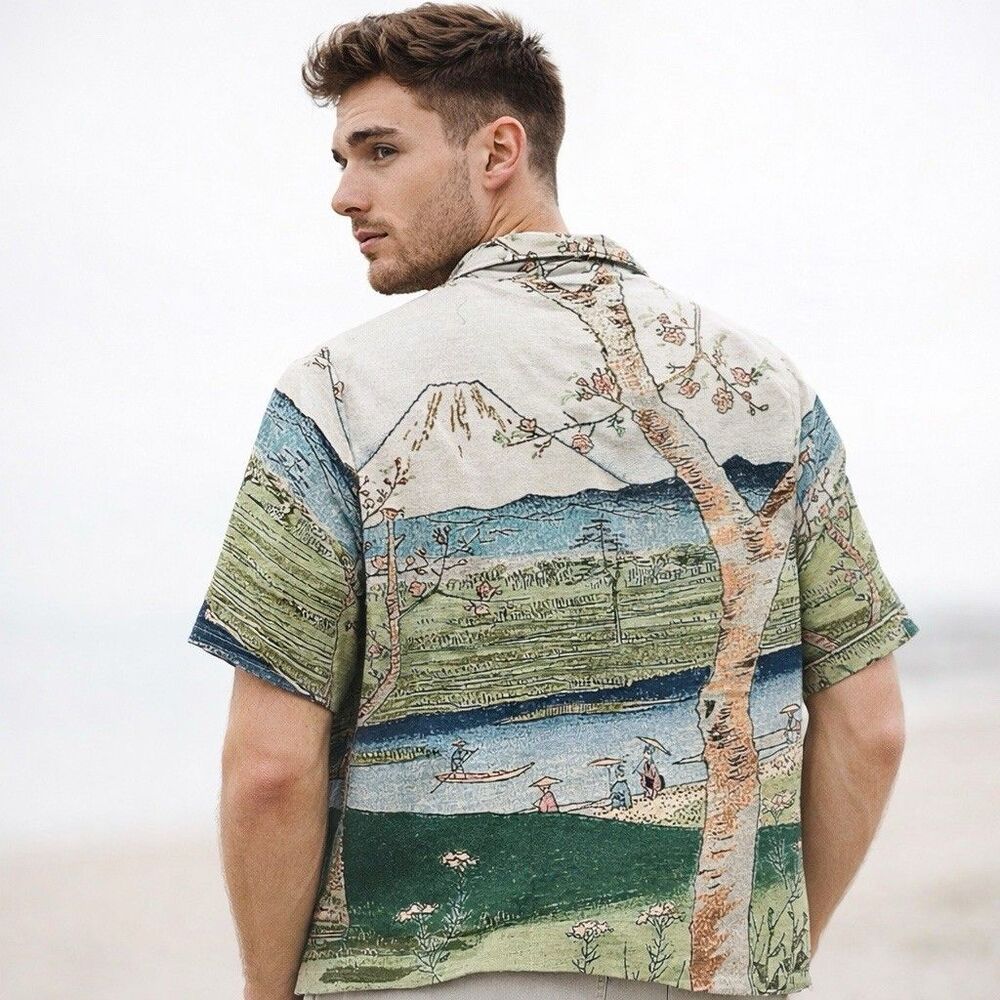 Rebel Vengeance Button Up Shirt Mens L Tapestry Graphic Japanese Art Mt Fuji